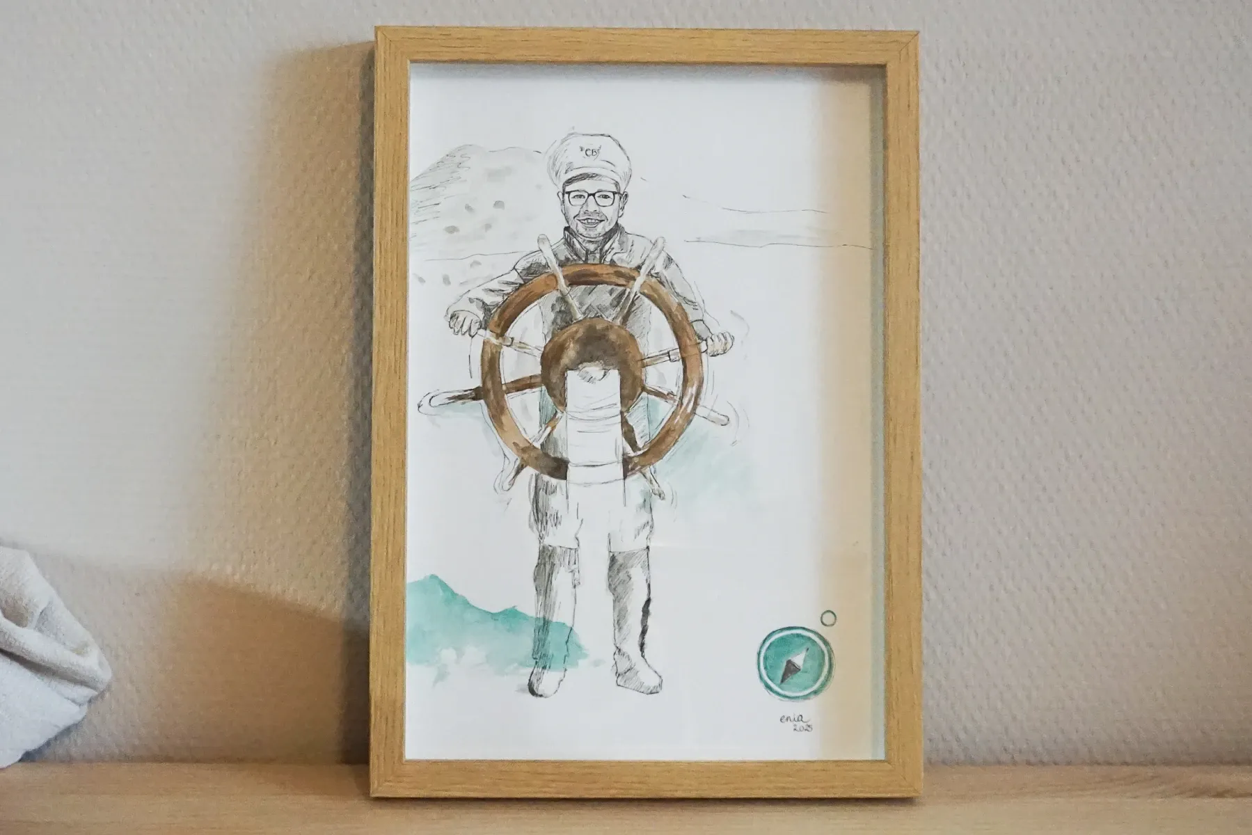Bleistift- und Aquarellporträt eines Kapitäns am Steuerrad